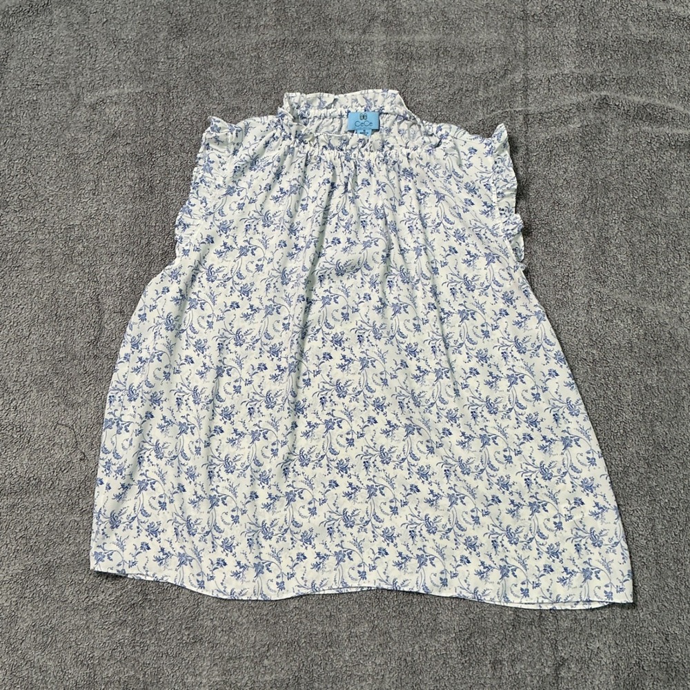 CeCe Womens Blue Floral Ruffle Mock Neck Sleeveless Blouse Top Size M RN51323